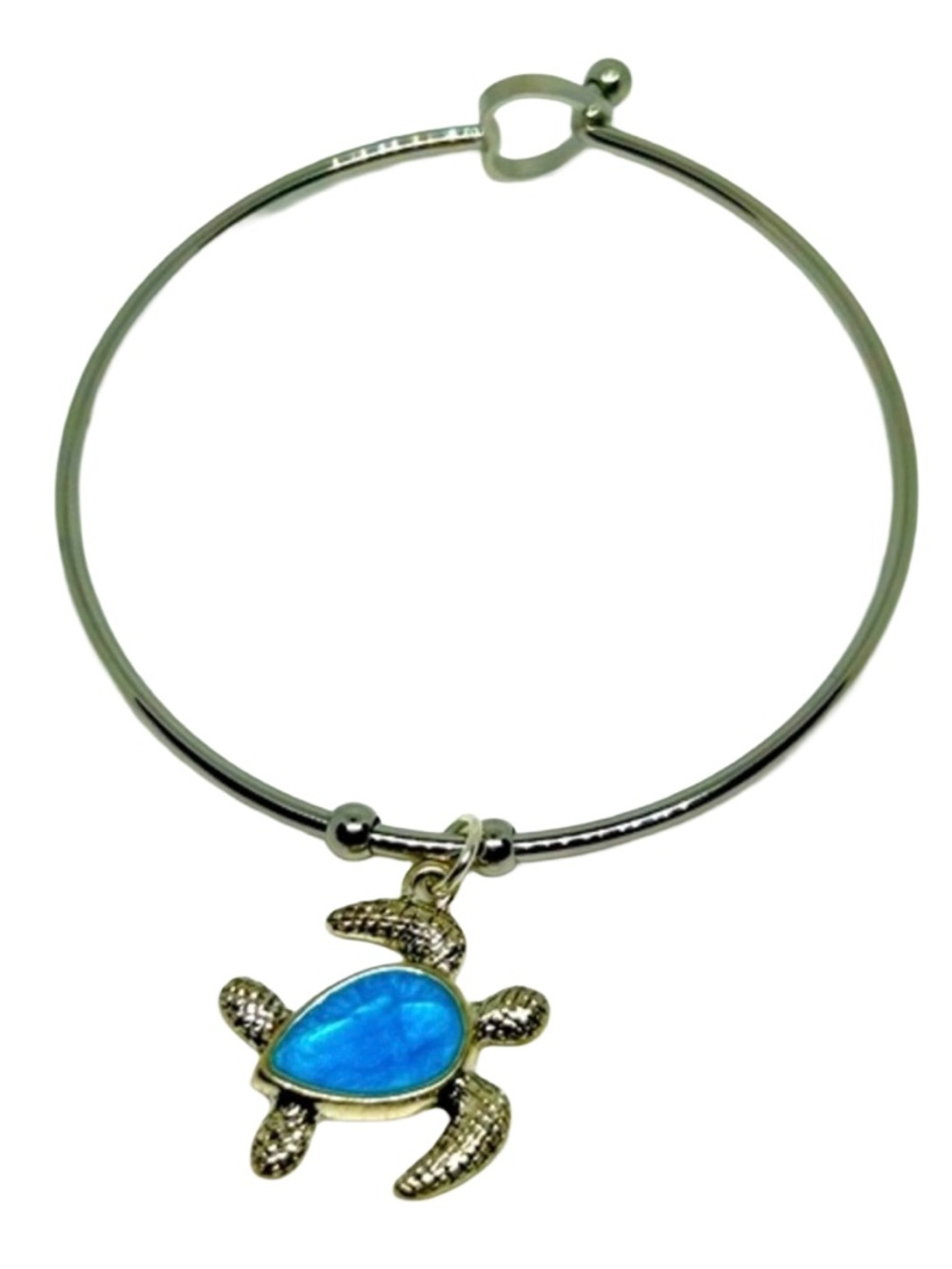 Handmade Sea Turtle Bangle Charm Bracelet with Heart-Shaped Closure
